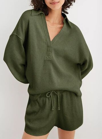 سويت شيرت نسائي كبير الحجم من AlvaQ فضفاض بياقة على شكل V وأكمام طويلة مع طية صدر السترة وياقة وافل متماسكة عالية ومنخفضة in Kuwait