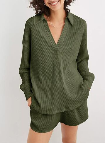 سويت شيرت نسائي كبير الحجم من AlvaQ فضفاض بياقة على شكل V وأكمام طويلة مع طية صدر السترة وياقة وافل متماسكة عالية ومنخفضة in Kuwait