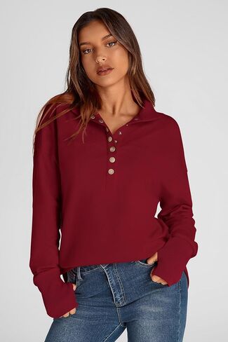 PRETTYGARDEN Women's Fall Fashion Button Up Sweatshirt Long Sleeve V Neck Loose Fit Casual Trendy Going Out Pullover Tops in Saudi Arabia
