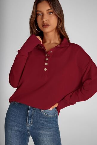 PRETTYGARDEN Women's Fall Fashion Button Up Sweatshirt Long Sleeve V Neck Loose Fit Casual Trendy Going Out Pullover Tops in Saudi Arabia