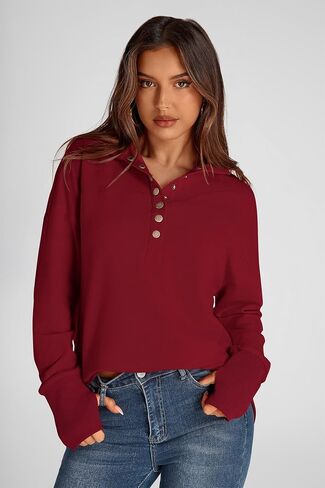 PRETTYGARDEN Women's Fall Fashion Button Up Sweatshirt Long Sleeve V Neck Loose Fit Casual Trendy Going Out Pullover Tops in Saudi Arabia