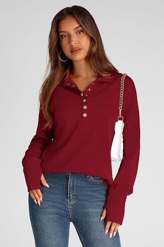 PRETTYGARDEN Women's Fall Fashion Button Up Sweatshirt Long Sleeve V Neck Loose Fit Casual Trendy Going Out Pullover Tops in Saudi Arabia