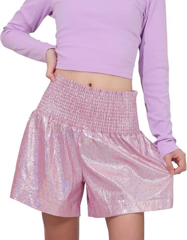 شورت نسائي معدني بخصر مطاطي مع نظارات شمسية مقاس كبير شورت لامع للحفلات والكريسماس والهالوين والحفلات التنكرية in Kuwait