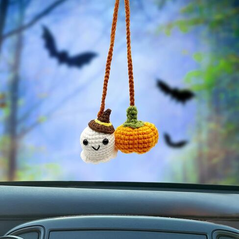 Crochet Car Mirror Hanging Accessories, Halloween Pumpkin and Ghost Cute Car Accessories for Women Teen Handmade Knitted Rear View Mirror Accessories in Saudi Arabia
