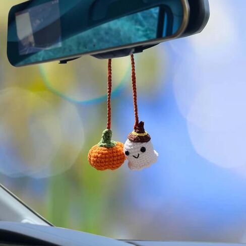 Crochet Car Mirror Hanging Accessories, Halloween Pumpkin and Ghost Cute Car Accessories for Women Teen Handmade Knitted Rear View Mirror Accessories in Saudi Arabia