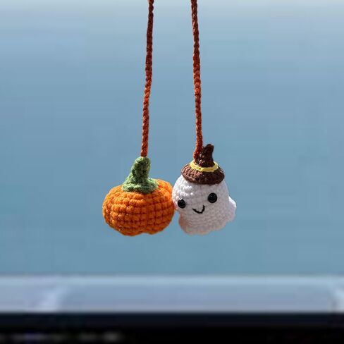 Crochet Car Mirror Hanging Accessories, Halloween Pumpkin and Ghost Cute Car Accessories for Women Teen Handmade Knitted Rear View Mirror Accessories in Saudi Arabia