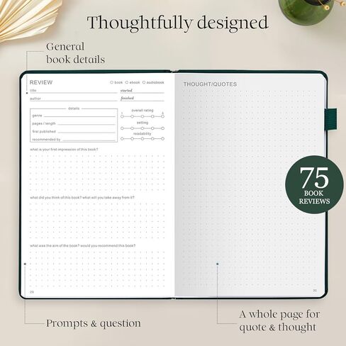 Reading Journal with 75 Book Review, Book Journal for Book Lovers, Readers - Review Prompts & Daily and Monthly Reading Tracking & Reading Challenge, Reading Notebook Gift, A5, Pine Green in Kuwait