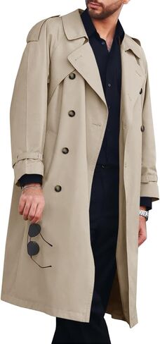 Runcati Mens Trench Coat Double Breasted Long Jacket Casual Windbreaker Notched Lapel Belted Overcoat in Saudi Arabia