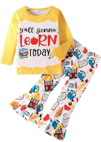Toddler Girl Clothes Long Sleeve Cartoon & Letter Graphic Top + Fruit Stationery Print Flared Leg Pants in Saudi Arabia