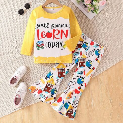 Toddler Girl Clothes Long Sleeve Cartoon & Letter Graphic Top + Fruit Stationery Print Flared Leg Pants in Saudi Arabia