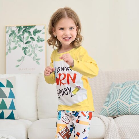 Toddler Girl Clothes Long Sleeve Cartoon & Letter Graphic Top + Fruit Stationery Print Flared Leg Pants in Saudi Arabia