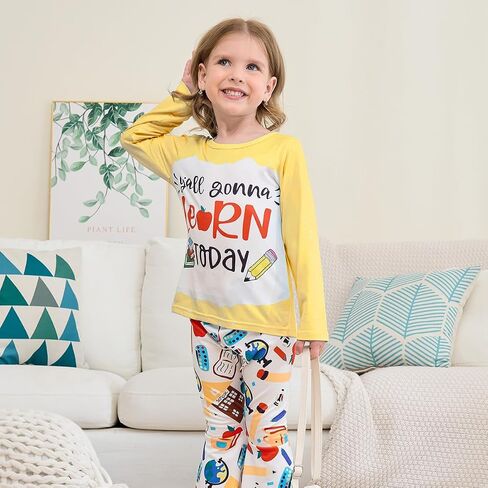 Toddler Girl Clothes Long Sleeve Cartoon & Letter Graphic Top + Fruit Stationery Print Flared Leg Pants in Saudi Arabia