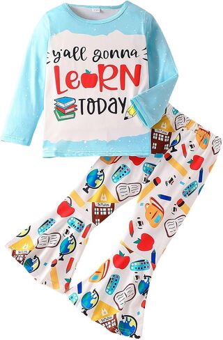 Toddler Girl Clothes Long Sleeve Cartoon & Letter Graphic Top + Fruit Stationery Print Flared Leg Pants in Saudi Arabia