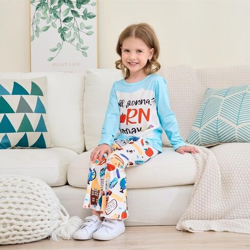 Toddler Girl Clothes Long Sleeve Cartoon & Letter Graphic Top + Fruit Stationery Print Flared Leg Pants in Saudi Arabia