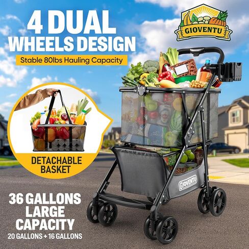 𝟮𝟬𝟮𝟰 𝐔𝐩𝐠𝐫𝐚𝐝𝐞𝐝 Folding Shopping Cart with Wheels, 80lbs Multi Use Grocery Carts with 360° Wheels & Removable Tote Bag, Multifunctional Portable Personal Shopping Carts for Groceries in Saudi Arabia