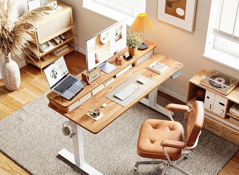 BANTI مكتب قائم كهربائي مقاس 40 × 24 بوصة مع أدراج مزدوجة، مكتب وقوف بارتفاع قابل للتعديل، مكتب مكتب منزلي للجلوس مع رف تخزين، سطح بني ريفي فاتح in Kuwait