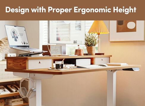 BANTI مكتب قائم كهربائي مقاس 40 × 24 بوصة مع أدراج مزدوجة، مكتب وقوف بارتفاع قابل للتعديل، مكتب مكتب منزلي للجلوس مع رف تخزين، سطح بني ريفي فاتح in Kuwait