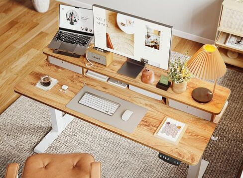 BANTI مكتب قائم كهربائي مقاس 40 × 24 بوصة مع أدراج مزدوجة، مكتب وقوف بارتفاع قابل للتعديل، مكتب مكتب منزلي للجلوس مع رف تخزين، سطح بني ريفي فاتح in Kuwait