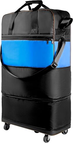 حقيبة قابلة للتوسيع قابلة للطي مع مقبض سفلي حقيبة أمتعة قابلة للطي مع عجلات سعة كبيرة وخفيفة الوزن حقائب حمل حقيبة سفر من القماش الخشن للنساء والرجال، أسود in Saudi Arabia