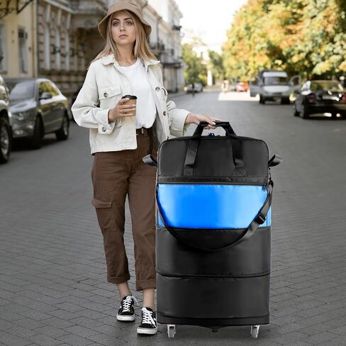 حقيبة قابلة للتوسيع قابلة للطي مع مقبض سفلي حقيبة أمتعة قابلة للطي مع عجلات سعة كبيرة وخفيفة الوزن حقائب حمل حقيبة سفر من القماش الخشن للنساء والرجال، أسود in Saudi Arabia