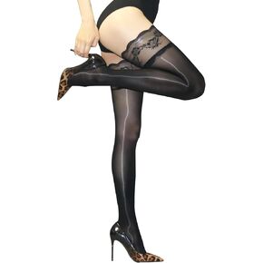 HTRUIYA Women's Glossy Thigh High Stockings Shiny Hold Ups Stockings 8 Denier Sexy Lace Top Stay Up Nylon Sheer Stockings