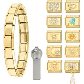 papasgix Italian Charm Bracelet Gold Set with Starter Brascelet, Assorted Diamond Charms and Opening Tools, 9mm Modular Italian Charm Bracelet Links Handmade DIY Jewelry