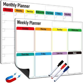 Magnetic Dry Erase Calendar for Fridge: Pack of 2-14.6" x 11.6" Magnetic Monthly and Weekly Planner for whiteboard, Family Organizer and Schedule Board for Home and Office