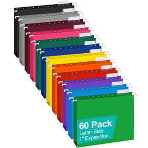 HERKKA Extra Capacity Hanging File Folders, 60 Pack Reinforced Letter Size Hanging Folders with Heavy Duty 1 Inch Expansion, Designed for Bulky Files, Medical Charts, 12 Assorted Colors