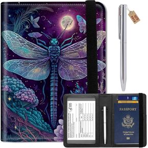 Passport Wallets and Vaccine Card Holder Slot,RFID Blocking Leather Passport Holder Book Cover Case with CDC Vaccination Card Slot,Travel Documents Organizer Protector+Metal Pen,Dragonfly in Moon