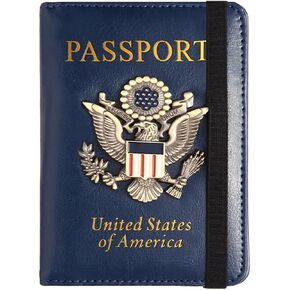 Creative Passport Holder Cover With 3D Metal Badge RFID Blocking Leather Passport Wallet And Case For Family (Blue & Gold)