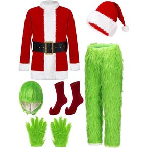 Christmas Costume for Men Green Big Monster Adult 7PCS Deluxe Santa Suit Furry Halloween Cosplay Outfit for Xmas