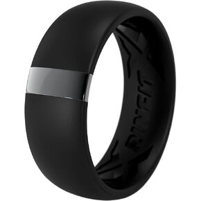 Rinfit Silicone Wedding Band Men - Classic Rounded Rubber Ring with Stainless Steel Metal Line - MetalBar Design Patent Pending