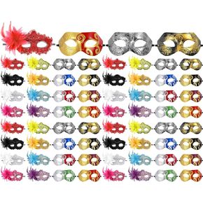 Sratte 64 Pcs Mardi Gras Mask Bulk Retro Masquerade Mask with Feather Flower Unisex Half Face Venetian Mask for Party