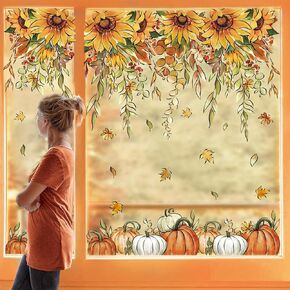 Whaline 9 Sheets Fall Sunflower Window Clings Hanging Flower Vine Pumpkin Window Stickers Autumn Floral Static Reusable Window Decals for Harvest Party Home Office Decor