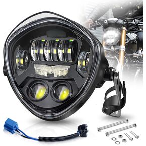 7 Inch LED Motorcycle Headlight With DRL Demon Eye Hi/Low LED Headlamp Triangle with Clamp Mount Bracket Fit 1.37-1.69 Inch Fork for Cafe Racer Chopper Bobber Scrambler Motorcycle