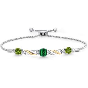 925 Silver and 10K Yellow Gold Green Nano Emerald and Green Peridot and White Lab Grown Diamond Bracelet For Women | 2.29 Cttw | Gemstone May Birthstone | Cushion 6MM | Fully Adjustable 9 Inch