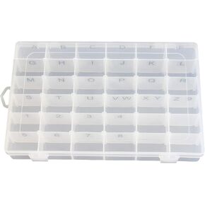 Plastic Organizer Container Box Letter Storage Case Adjustable Dividers 36 compartments for Letter Board Letters with Stickers Pre Applied to Dividers (LETTER LABELS PRE APPLIED)