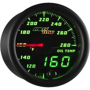 Double Vision 280 F Oil Temperature Gauge Kit - Includes Electronic Sensor - Black Gauge Face - Green LED Illuminated Dial - Analog & Digital Readouts - for Trucks - 2-1/16" 52mm