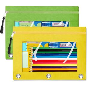 Pencil Pouch for 3 Ring Binder, 2 Pack Zipper Pouches with Clear Window, Oxford Pencil Holder Stationery Organziers Bag for School Classroom Supplies