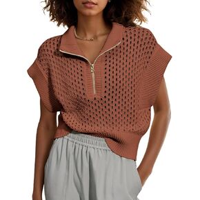 Womens Oversized Crochet Zip Sweater Vest Cap Sleeve Sweater Tops Casual Lapel Collar See Through Hollow Out Knit Top