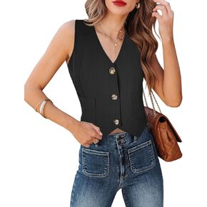 Fallorchid Women's Business Button Up Sleeveless Vest Crop Tops V Neck Jacket Waistcoat