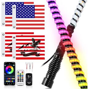 UNI-SHINE 2 قطعة 4FT COB LED ضوء السوط مع قاعدة زنبركية لولبية RGB مطاردة أضواء الموسيقى هوائي سوط ضوء مع التطبيق والتحكم عن بعد الأبيض دوامة RGB مطاردة السياط المضاءة مع مفتاح الروك