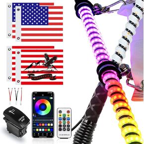 UNI-SHINE 2 PCS 4FT COB LED Whip Light with Spring Base Spiral RGB Chasing Lights Music Antenna Whip Light with APP & Remote Control White Spiral RGB Chasing Lighted Whips with Rocker Switch