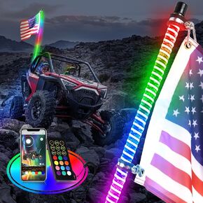 2 قطعة أضواء سوط UTV بطول 3 أقدام، أضواء سوط حلزونية COB مع ضوء مطاردة/رقص RGB، سوط هوائي مدمج لشاحنة Can-am ATV UTV RZR Polaris Dune Buggy 4 ويلر للطرق الوعرة