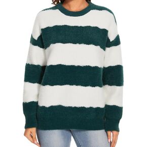 Women's Sweaters Oversized Striped Fluffy Long Sleeve Trendy Casual Crewneck Knit Pullover Outerwear Sweater
