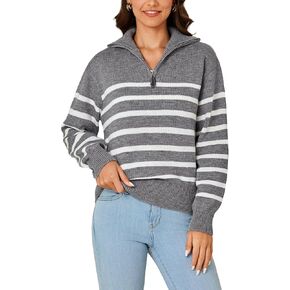 LYANER Women's Striped Sweaters Casual Zipper Neck Knitted Tops Long Sleeve Sweatshirt Pullover Sweater