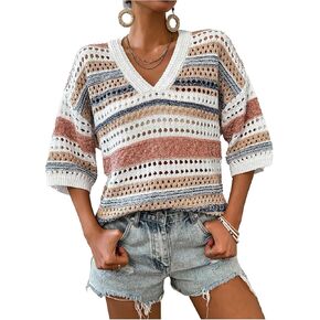 Verdusa Women's Short Sleeve Drop Shoulder Striped Sweater Top Hollow Out V Neck Summer Shirt