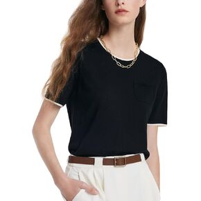 100% Pure Wool Women Summer Tops Trendy Crew Neck Short Sleeve Front Pocket Loose Fit Knit Pullover Sweaters Workout