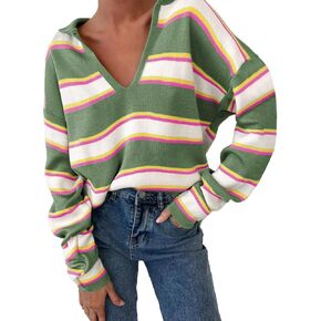 EVALESS Sweaters for Women Long Sleeve V Neck Striped Knit Drop Shoulder Fall Jumper 2024 Henley Pullover
