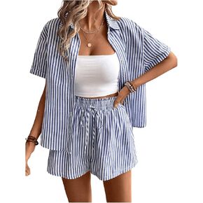 Milumia Women's 2 Piece Outfits Striped Short Sleeve Button Up Shirts and Drawstring Shorts Sets